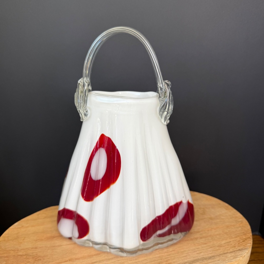 Vintage Murano Style Art Glass Purse Bag Vase White Red Hand Blown Handle